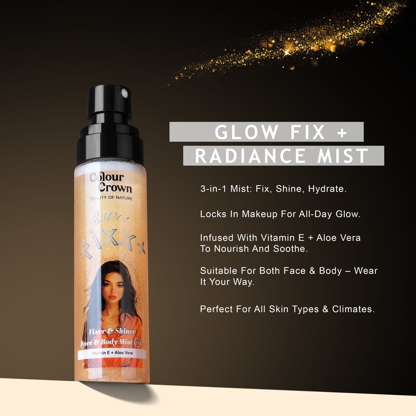 Colour Crown 3-in-1 Fixer & Shiner Mist- Makeup Setting Spray for Face & Body- Golden