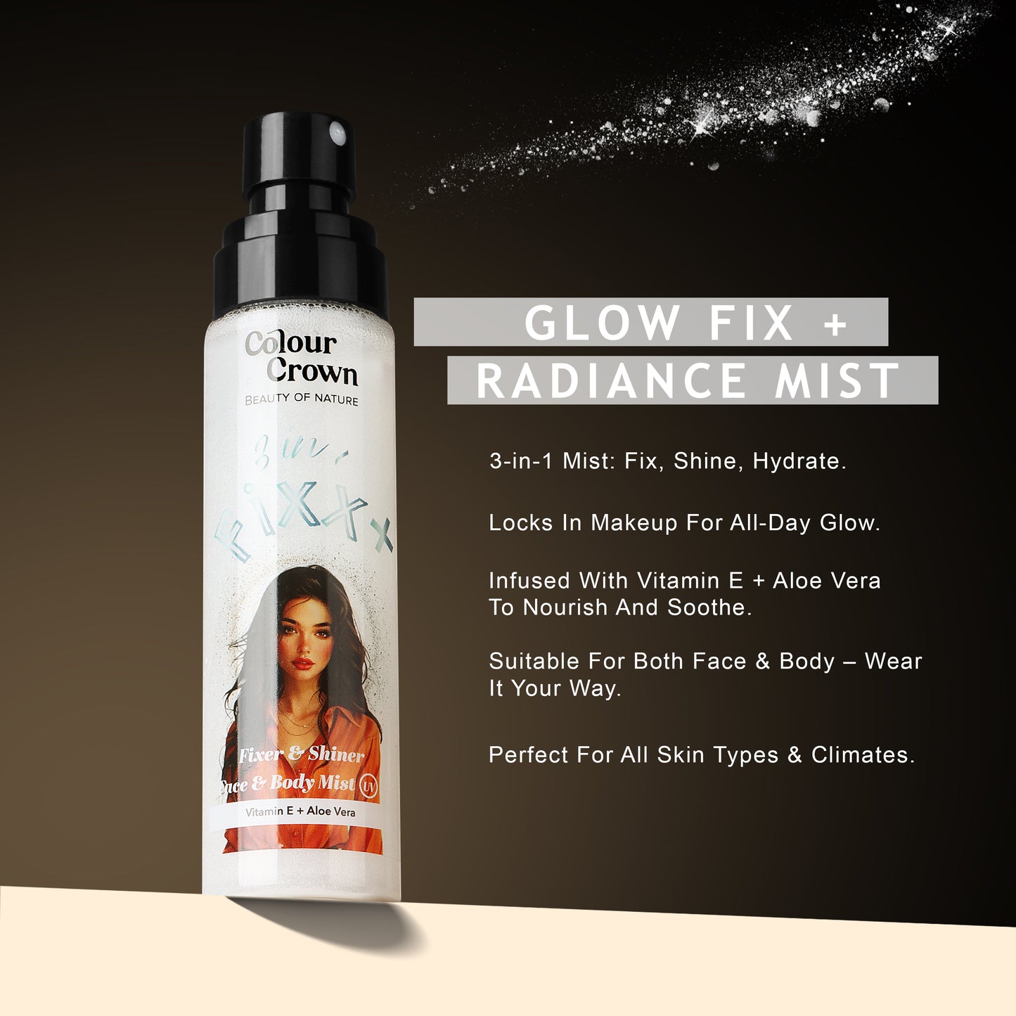 Colour Crown 3-in-1 Fixer & Shiner Mist- Makeup Setting Spray for Face & Body- Silver